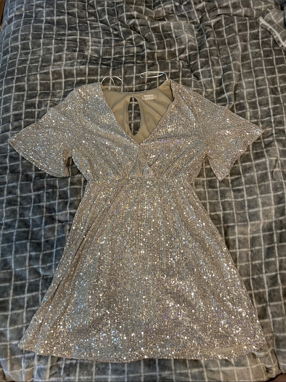 Altar'd State Silver Sequin V-Neck Mini Dress